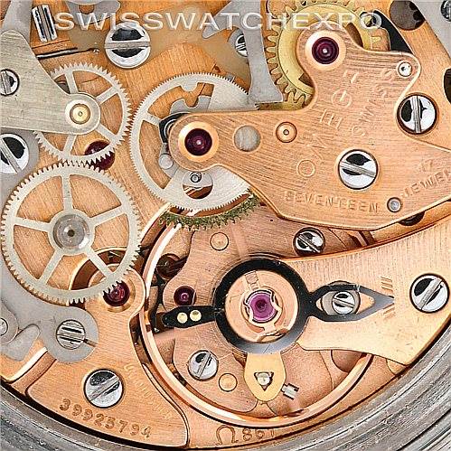 This is a close-up view of the intricate internal gears and mechanisms of an Omega Speedmaster 145.022 Men
s Stainless Steel Black Dial 145.022 Men
s Stainless Steel Black Dial watch.