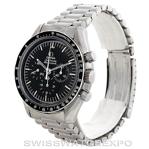 The Omega Speedmaster 145.022 Men
s Stainless Steel Black Dial 145.022 Men
s Stainless Steel Black Dial watch is shown at a three-quarter angle, featuring the watch face, bezel, and metal bracelet.