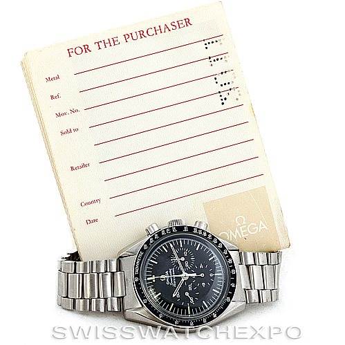 The image shows an Omega Speedmaster 145.022 Men
s Stainless Steel Black Dial 145.022 Men
s Stainless Steel Black Dial watch from a front angle, alongside its purchaser information card.
