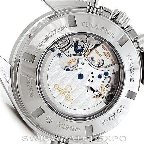 The image shows the back of an Omega Speedmaster 311.30.44.51.01.001 Men
s Stainless Steel Black Dial 311.30.44.51.01.001 Men
s Stainless Steel Black Dial, revealing its movement and inner mechanics.