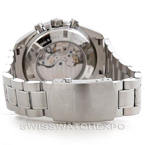 This image shows the case back and bracelet of an Omega Speedmaster 311.30.44.51.01.001 Men
s Stainless Steel Black Dial 311.30.44.51.01.001 Men
s Stainless Steel Black Dial watch, angled from the rear.