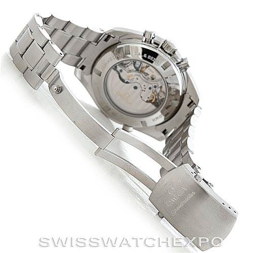 The image shows the back view of an Omega Speedmaster 311.30.44.51.01.001 Men
s Stainless Steel Black Dial 311.30.44.51.01.001 Men
s Stainless Steel Black Dial, highlighting its open case back, bracelet, and clasp.