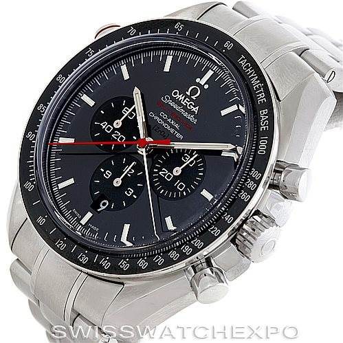This image shows an Omega Speedmaster 311.30.44.51.01.001 Men
s Stainless Steel Black Dial 311.30.44.51.01.001 Men
s Stainless Steel Black Dial watch from a front angle, highlighting the dial, tachymeter bezel, and stainless steel bracelet.