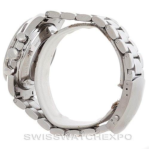 The image shows an Omega Speedmaster 311.30.44.51.01.001 Men
s Stainless Steel Black Dial 311.30.44.51.01.001 Men
s Stainless Steel Black Dial watch from a side view, highlighting the bracelet and the side of the case with pushers and crown.