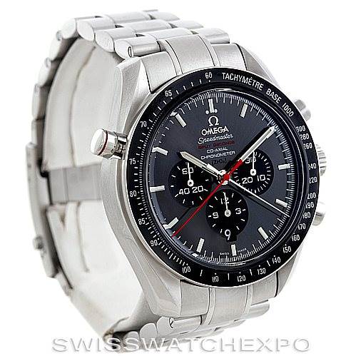 The image shows an Omega Speedmaster 311.30.44.51.01.001 Men
s Stainless Steel Black Dial 311.30.44.51.01.001 Men
s Stainless Steel Black Dial watch at a three-quarter angle with visible dial, chronograph subdials, bezel, crown, and bracelet.