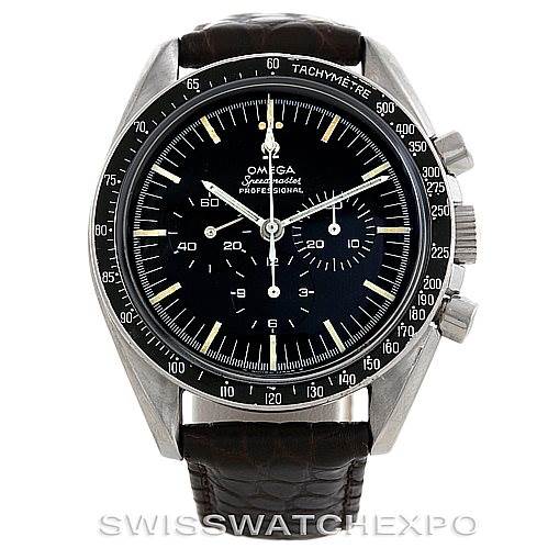 This is an Omega Speedmaster Men
s Stainless Steel Black Dial Men
s Stainless Steel Black Dial model shown from the front, displaying the dial, hands, bezel, pushers, and crown.