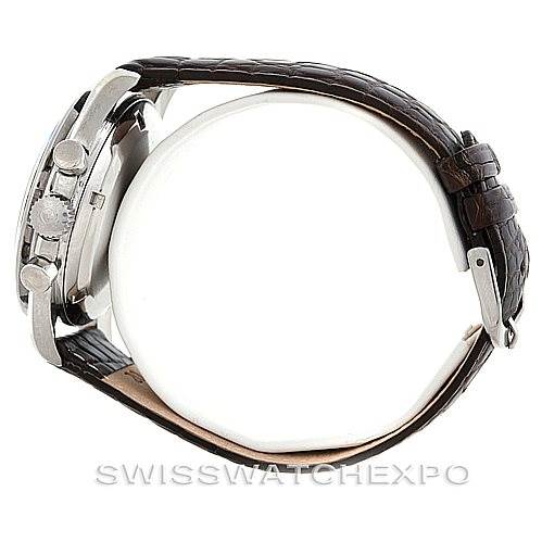 Side view of an Omega Speedmaster Men
s Stainless Steel Black Dial Men
s Stainless Steel Black Dial watch showing its case, chronograph buttons, crown, and brown leather strap.