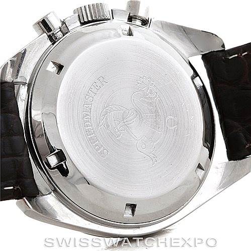 The image shows the back case, crown, and pushers of an Omega Speedmaster Men
s Stainless Steel Black Dial Men
s Stainless Steel Black Dial watch.