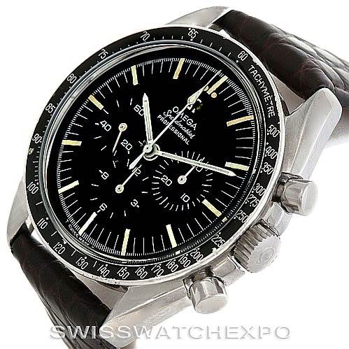 The image shows an Omega Speedmaster Men
s Stainless Steel Black Dial Men
s Stainless Steel Black Dial watch at a slight angle, displaying the face, three pushers, and part of the leather strap.