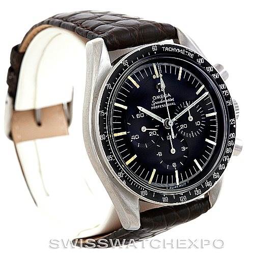 This image shows a front angled view of the Omega Speedmaster Men
s Stainless Steel Black Dial Men
s Stainless Steel Black Dial watch, highlighting the dial, bezel, and leather strap.