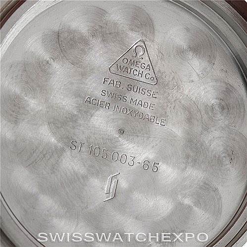 The image shows the inside caseback of an Omega Speedmaster Men
s Stainless Steel Black Dial Men
s Stainless Steel Black Dial watch, displaying engravings and model information.