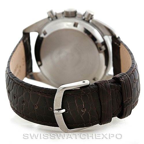 This image shows the back view of an Omega Speedmaster Men
s Stainless Steel Black Dial Men
s Stainless Steel Black Dial watch, highlighting its case back and leather strap with a buckle.