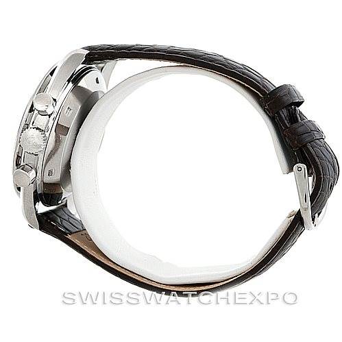 Side view of the Omega Speedmaster 145.022-69 Men
s Stainless Steel Black Dial 145.022-69 Men
s Stainless Steel Black Dial watch showcasing the bezel, crown, pushers, case, and leather strap.