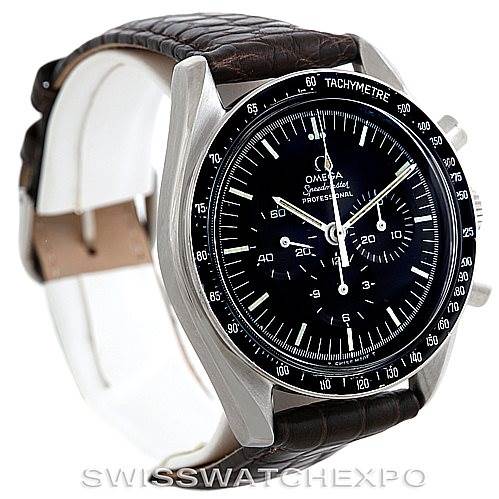 The image shows a side view of an Omega Speedmaster 145.022-69 Men
s Stainless Steel Black Dial 145.022-69 Men
s Stainless Steel Black Dial watch featuring a leather strap and a tachymeter bezel.