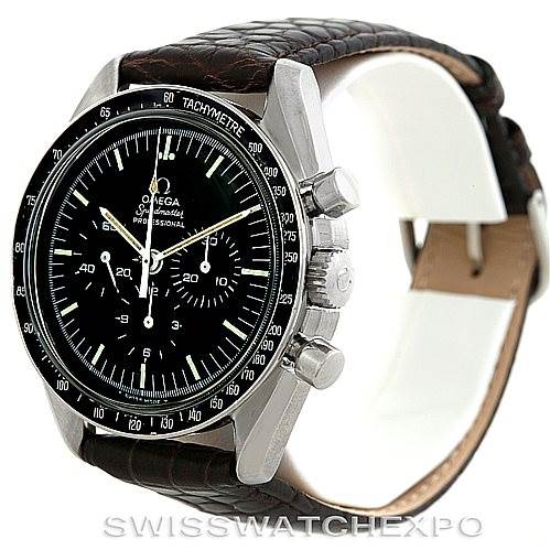 This image shows an Omega Speedmaster 145.022-69 Men
s Stainless Steel Black Dial 145.022-69 Men
s Stainless Steel Black Dial watch at a slight front angle, highlighting its dial, tachymeter bezel, and chronograph pushers.