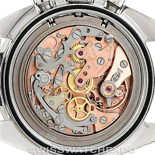 This image shows the open case back of an Omega Speedmaster 145.022-69 Men
s Stainless Steel Black Dial 145.022-69 Men
s Stainless Steel Black Dial watch, revealing its intricate mechanical movement.