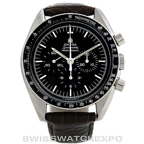 The image shows a frontal view of an Omega Speedmaster 145.022-69 Men
s Stainless Steel Black Dial 145.022-69 Men
s Stainless Steel Black Dial watch, displaying the dial, bezel, pushers, and leather strap.