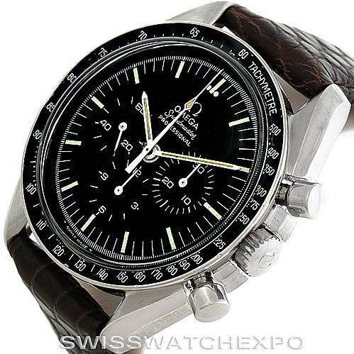 The image shows an Omega Speedmaster 145.022-69 Men
s Stainless Steel Black Dial 145.022-69 Men
s Stainless Steel Black Dial watch at an angle, highlighting its face, tachymeter bezel, and crown.