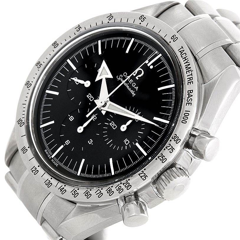 The image shows an angled view of an Omega Speedmaster 3594.50.00 Men
s Stainless Steel Black Dial 3594.50.00 Men
s Stainless Steel Black Dial watch highlighting its bezel, crown, and chronograph sub-dials.