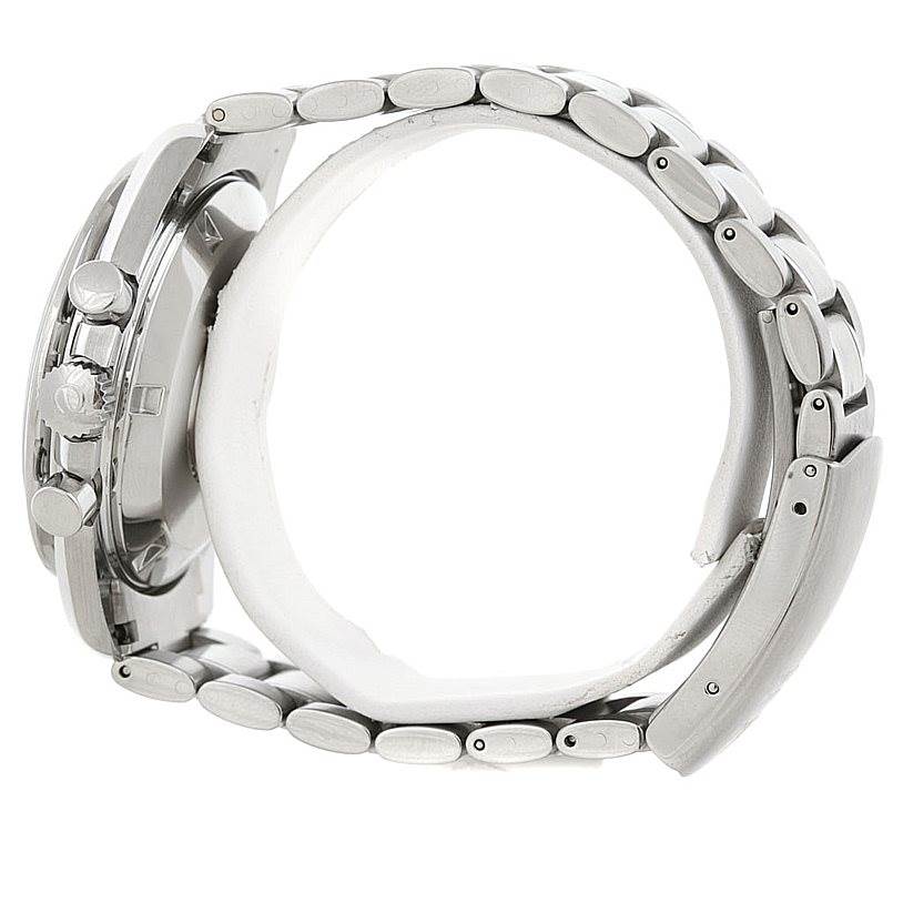 The image shows a side view of the Omega Speedmaster 3594.50.00 Men
s Stainless Steel Black Dial 3594.50.00 Men
s Stainless Steel Black Dial watch, highlighting the buttons and stainless steel bracelet links.