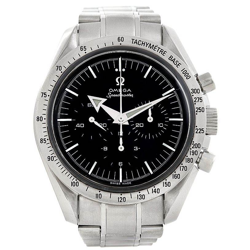 The Omega Speedmaster 3594.50.00 Men
s Stainless Steel Black Dial 3594.50.00 Men
s Stainless Steel Black Dial watch is shown from a front view, highlighting the dial, bezel, and stainless steel bracelet.