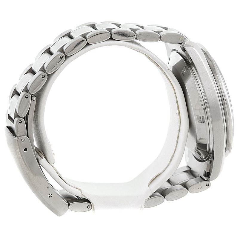 This image shows a side view of the Omega Speedmaster 3594.50.00 Men
s Stainless Steel Black Dial 3594.50.00 Men
s Stainless Steel Black Dial watch, focusing on the metallic bracelet and part of the watch case.