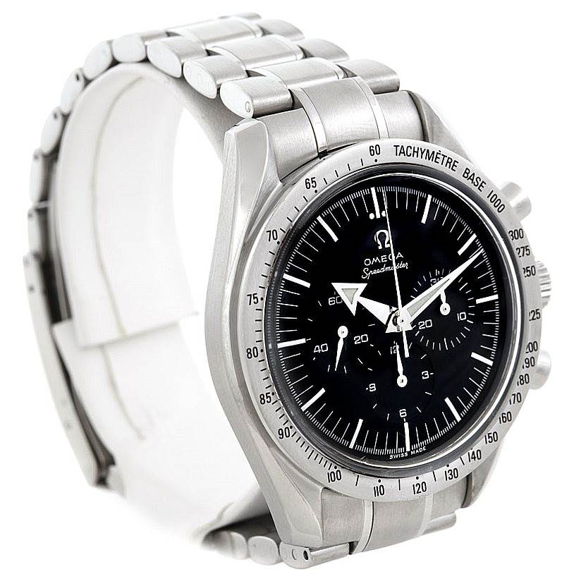 The Omega Speedmaster 3594.50.00 Men
s Stainless Steel Black Dial 3594.50.00 Men
s Stainless Steel Black Dial watch is shown at a three-quarter angle, highlighting the face, tachymeter bezel, and metal band.