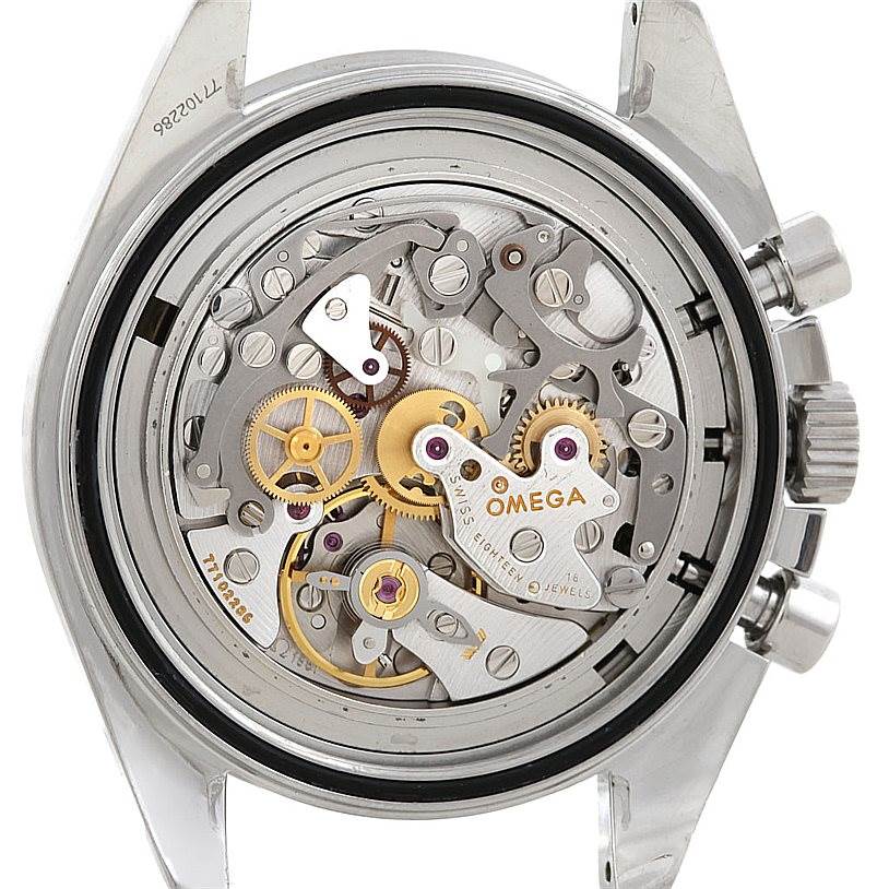 This image shows the rear view of the Omega Speedmaster 3594.50.00 Men
s Stainless Steel Black Dial 3594.50.00 Men
s Stainless Steel Black Dial watch, highlighting the intricate mechanical movement and components.