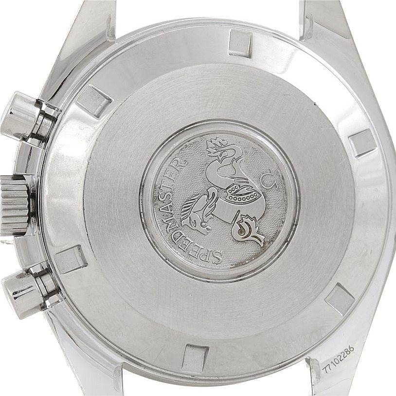 This is the back view of an Omega Speedmaster 3594.50.00 Men
s Stainless Steel Black Dial 3594.50.00 Men
s Stainless Steel Black Dial watch showing its case back and embossed emblem.