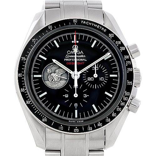 The image shows a front view of an Omega Speedmaster 311.30.42.30.01.002 Men's Stainless Steel Black Dial 311.30.42.30.01.002 Men's Stainless Steel Black Dial watch, displaying its dial, bezel, hands, and chronograph subdials.