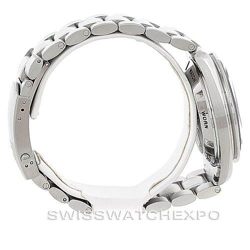 The image shows a side view of the Omega Speedmaster 311.30.42.30.01.002 Men's Stainless Steel Black Dial 311.30.42.30.01.002 Men's Stainless Steel Black Dial watch, highlighting its stainless steel bracelet and casing.