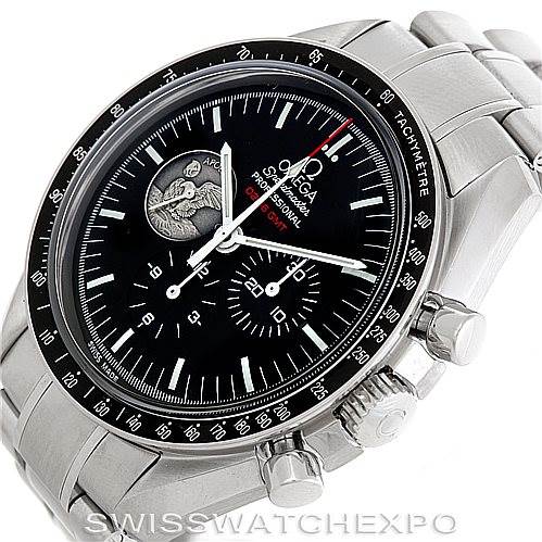 The image shows an Omega Speedmaster 311.30.42.30.01.002 Men's Stainless Steel Black Dial 311.30.42.30.01.002 Men's Stainless Steel Black Dial watch at an angle highlighting the face, bezel, pushers, crown, and part of the bracelet.
