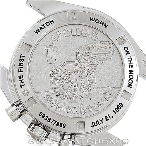 The image shows the case back of an Omega Speedmaster 311.30.42.30.01.002 Men's Stainless Steel Black Dial 311.30.42.30.01.002 Men's Stainless Steel Black Dial Apollo 11 40th Anniversary edition watch, engraved with commemorative text and design.