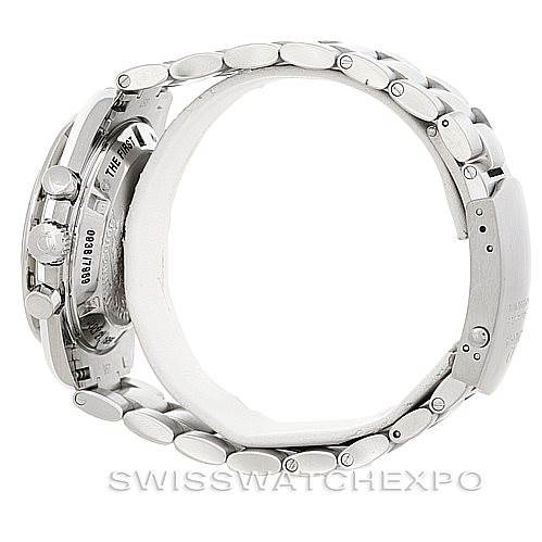 This image shows the side view of an Omega Speedmaster 311.30.42.30.01.002 Men's Stainless Steel Black Dial 311.30.42.30.01.002 Men's Stainless Steel Black Dial, highlighting its stainless steel bracelet and clasp.