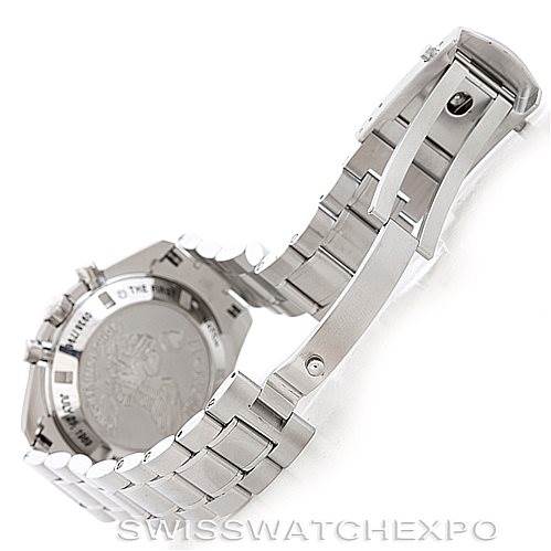 The image shows the backside and bracelet of an Omega Speedmaster 311.30.42.30.01.002 Men's Stainless Steel Black Dial 311.30.42.30.01.002 Men's Stainless Steel Black Dial watch, highlighting the clasp and case back.