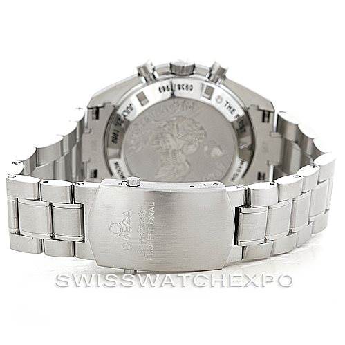 This image shows a rear view of the Omega Speedmaster 311.30.42.30.01.002 Men's Stainless Steel Black Dial 311.30.42.30.01.002 Men's Stainless Steel Black Dial watch, highlighting the clasp and the back of the case.