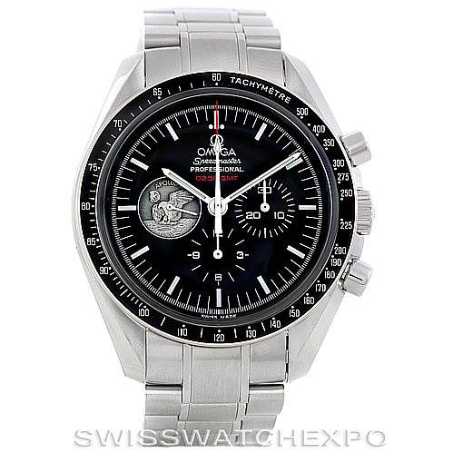 The image shows a front-facing view of the Omega Speedmaster 311.30.42.30.01.002 Men's Stainless Steel Black Dial 311.30.42.30.01.002 Men's Stainless Steel Black Dial with its dial, chronograph buttons, and steel bracelet clearly visible.