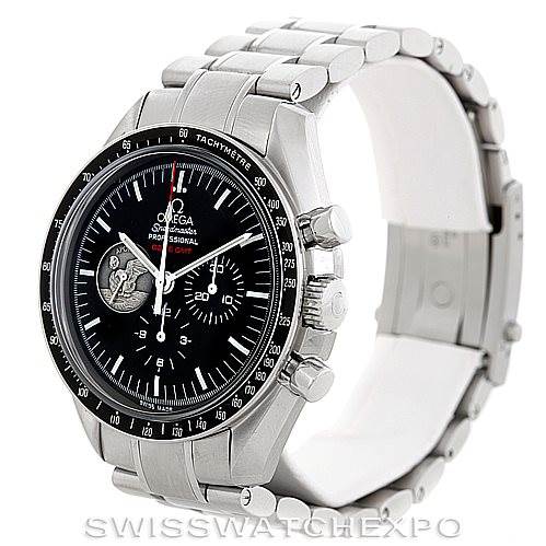 The image shows a side angle of an Omega Speedmaster 311.30.42.30.01.002 Men's Stainless Steel Black Dial 311.30.42.30.01.002 Men's Stainless Steel Black Dial watch, highlighting its tachymeter bezel, chronograph buttons, and stainless steel bracelet.