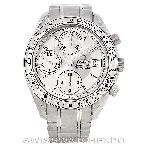 This is a frontal view of the Omega Speedmaster 3513.30.00 Men
s Stainless Steel Silver Dial 3513.30.00 Men
s Stainless Steel Silver Dial watch, showing the dial, chronograph subdials, and tachymeter bezel.