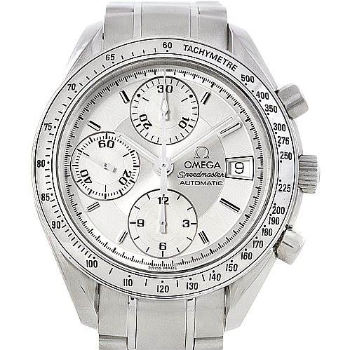 The image shows a front view of the Omega Speedmaster 3513.30.00 Men
s Stainless Steel Silver Dial 3513.30.00 Men
s Stainless Steel Silver Dial, displaying the dial, subdials, date window, and tachymeter bezel.