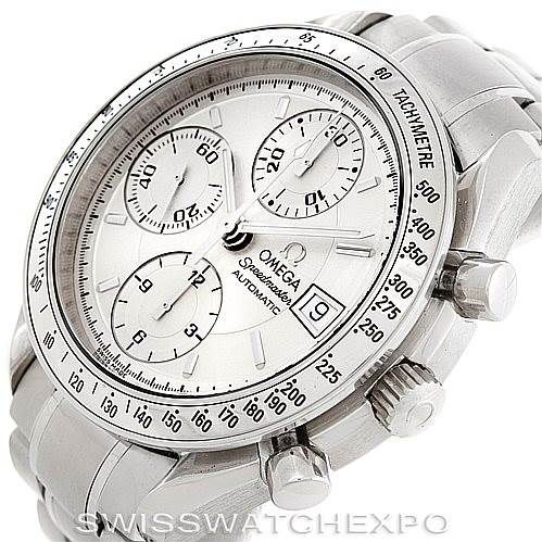 This image shows an Omega Speedmaster 3513.30.00 Men
s Stainless Steel Silver Dial 3513.30.00 Men
s Stainless Steel Silver Dial watch at a 3/4 angle, highlighting its chronograph dials, tachymeter scale, and stainless steel bracelet.