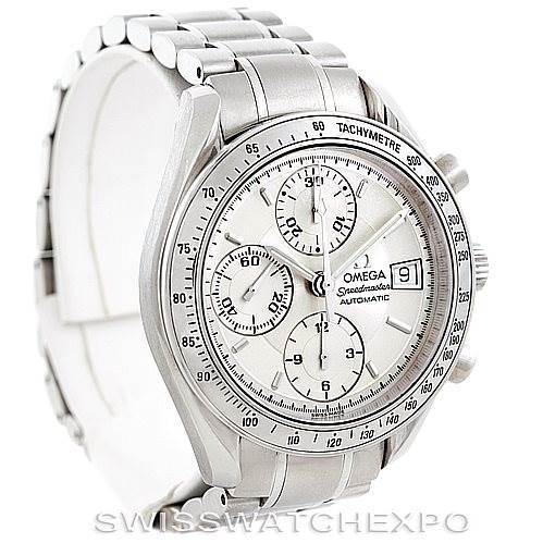 This image shows an Omega Speedmaster 3513.30.00 Men
s Stainless Steel Silver Dial 3513.30.00 Men
s Stainless Steel Silver Dial watch at a slight angle, displaying the face, bezel, chronograph dials, and part of the bracelet.