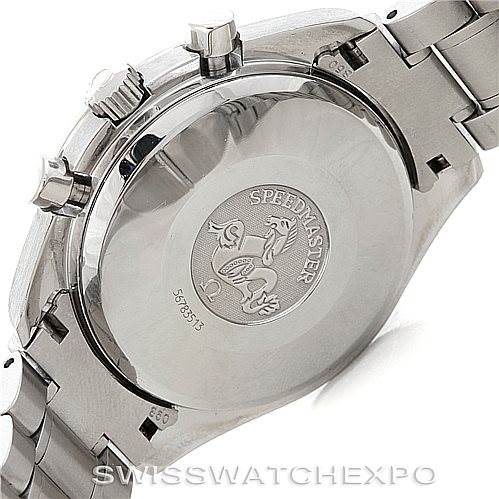 The image shows the back case of an Omega Speedmaster 3513.30.00 Men
s Stainless Steel Silver Dial 3513.30.00 Men
s Stainless Steel Silver Dial watch, including the crown, pushers, and bracelet.