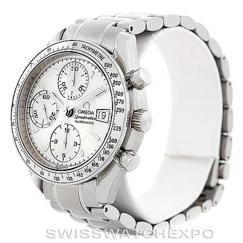 This image shows a side and front angle view of the Omega Speedmaster 3513.30.00 Men
s Stainless Steel Silver Dial 3513.30.00 Men
s Stainless Steel Silver Dial watch, highlighting its dial, bezel, pushers, and bracelet.