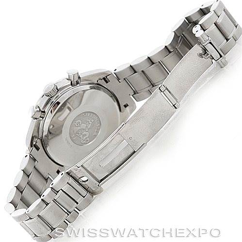 The image shows the underside of an Omega Speedmaster 3513.30.00 Men
s Stainless Steel Silver Dial 3513.30.00 Men
s Stainless Steel Silver Dial watch, highlighting its bracelet, clasp, and case back.