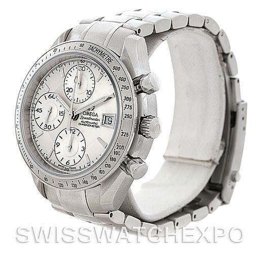 The Omega Speedmaster 3211.30.00 Men
s Stainless Steel Silver Dial 3211.30.00 Men
s Stainless Steel Silver Dial watch is shown from an angled side view, highlighting the dial, bezel, crown, pushers, and bracelet.