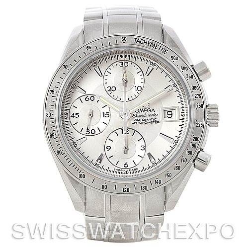 This image shows a frontal view of the Omega Speedmaster 3211.30.00 Men
s Stainless Steel Silver Dial 3211.30.00 Men
s Stainless Steel Silver Dial watch, highlighting its dial, chronograph subdials, tachymeter bezel, and crown.