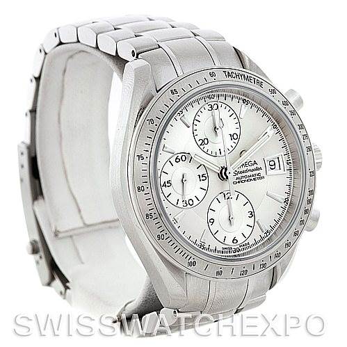 The image shows an Omega Speedmaster 3211.30.00 Men
s Stainless Steel Silver Dial 3211.30.00 Men
s Stainless Steel Silver Dial watch angled from the front-left, displaying its face, bracelet, and side controls.