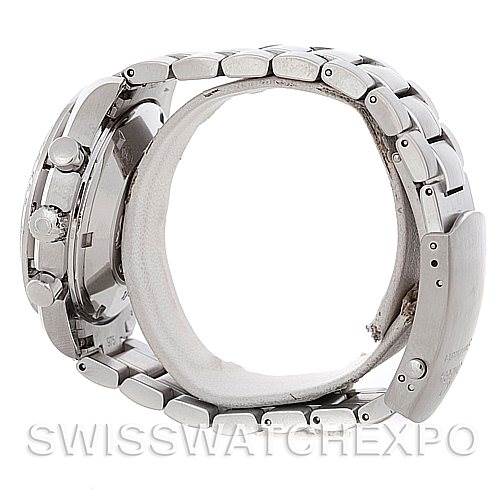 The image shows a side view of an Omega Speedmaster 3211.30.00 Men
s Stainless Steel Silver Dial 3211.30.00 Men
s Stainless Steel Silver Dial watch, highlighting the bracelet, clasp, and side buttons.