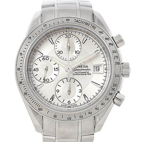 This image shows a frontal view of an Omega Speedmaster 3211.30.00 Men
s Stainless Steel Silver Dial 3211.30.00 Men
s Stainless Steel Silver Dial watch, detailing the chronograph subdials, date window, and tachymeter scale.